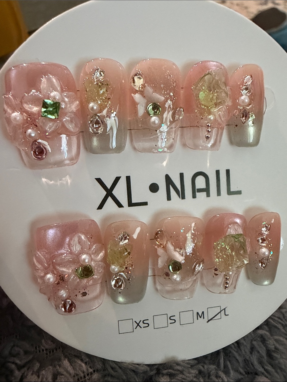 Pink and green Pearl Floral handmade acrylic Press-On Nail Set